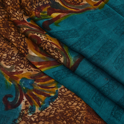 Indian Vintage Sari Brown & Green Pure Georgette Silk Printed Sarees Craft Fabric Sewing 6Yd Soft Dress Making Crafting Quilting Upcycle