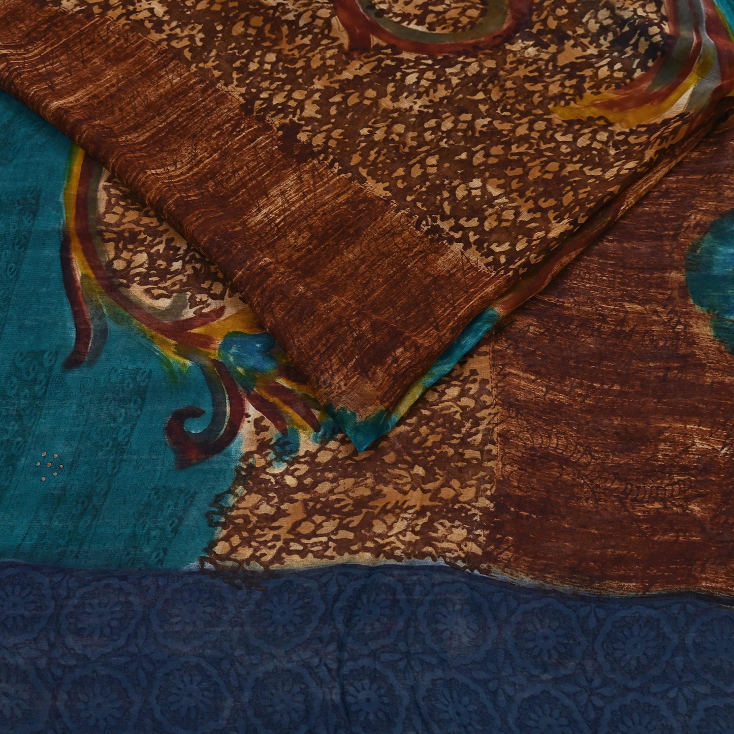 Indian Vintage Sari Brown & Green Pure Georgette Silk Printed Sarees Craft Fabric Sewing 6Yd Soft Dress Making Crafting Quilting Upcycle