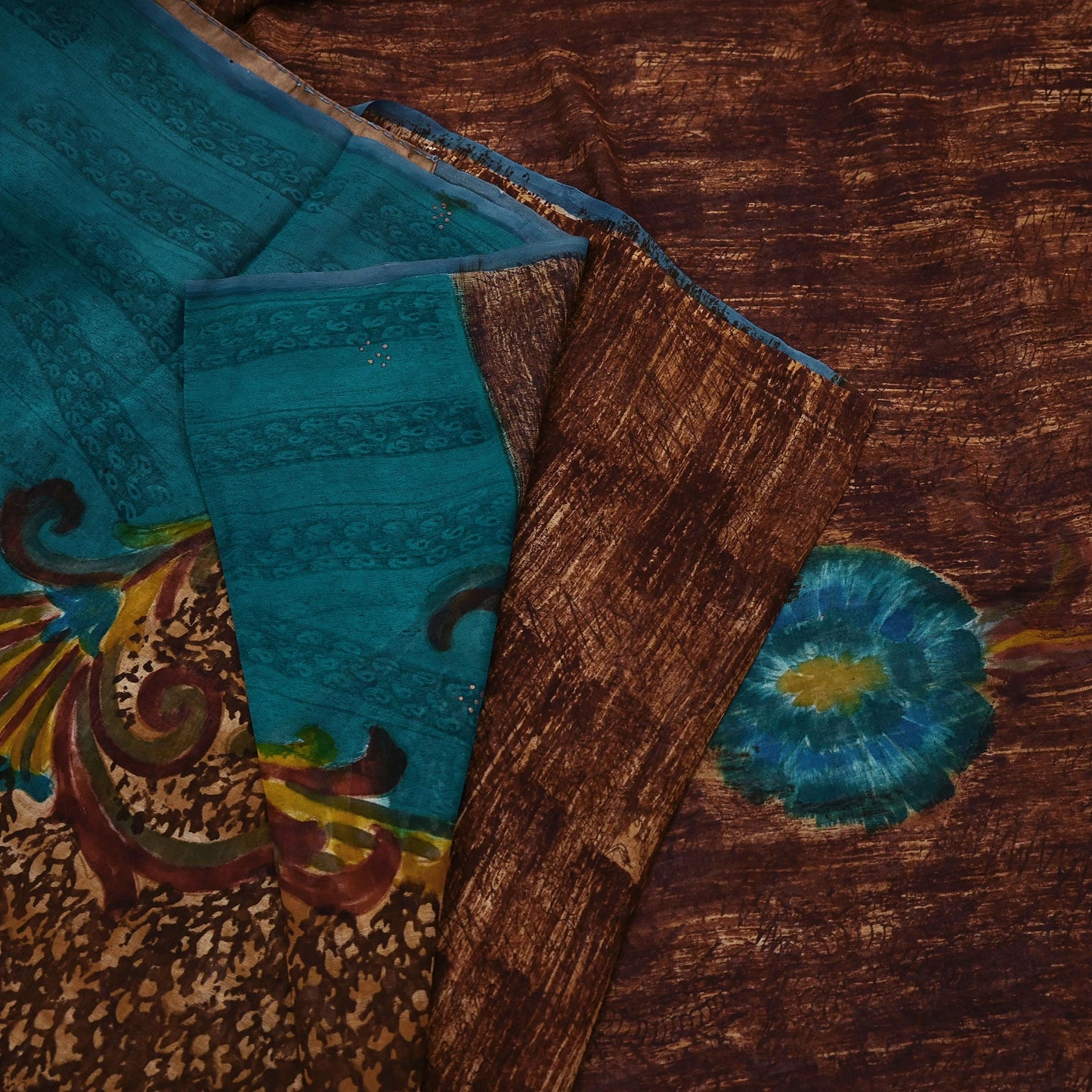 Indian Vintage Sari Brown & Green Pure Georgette Silk Printed Sarees Craft Fabric Sewing 6Yd Soft Dress Making Crafting Quilting Upcycle