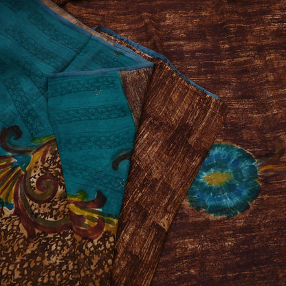 Indian Vintage Sari Brown & Green Pure Georgette Silk Printed Sarees Craft Fabric Sewing 6Yd Soft Dress Making Crafting Quilting Upcycle