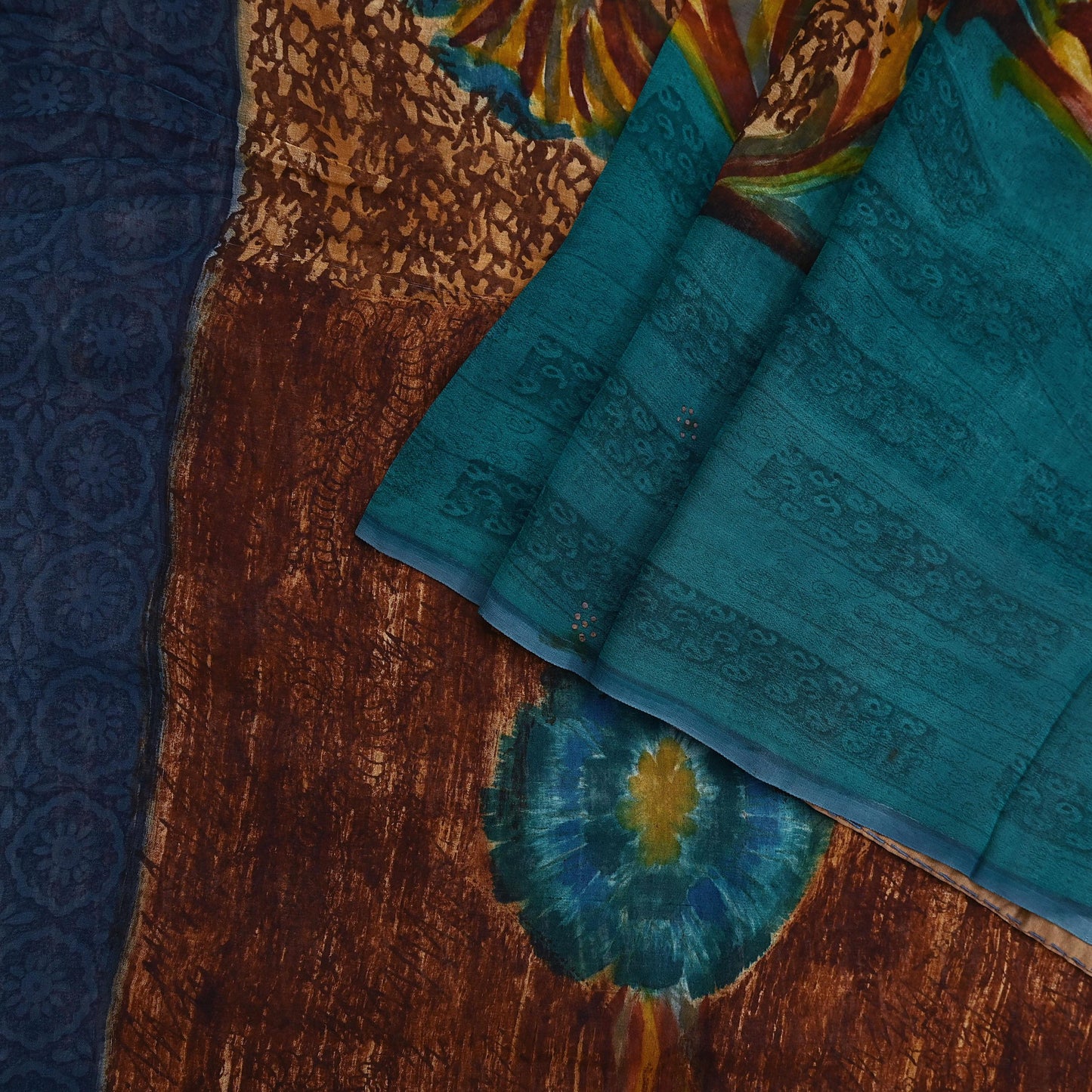 Indian Vintage Sari Brown & Green Pure Georgette Silk Printed Sarees Craft Fabric Sewing 6Yd Soft Dress Making Crafting Quilting Upcycle