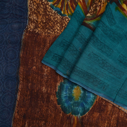 Indian Vintage Sari Brown & Green Pure Georgette Silk Printed Sarees Craft Fabric Sewing 6Yd Soft Dress Making Crafting Quilting Upcycle