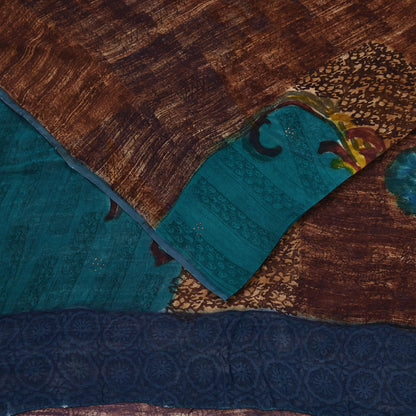 Indian Vintage Sari Brown & Green Pure Georgette Silk Printed Sarees Craft Fabric Sewing 6Yd Soft Dress Making Crafting Quilting Upcycle