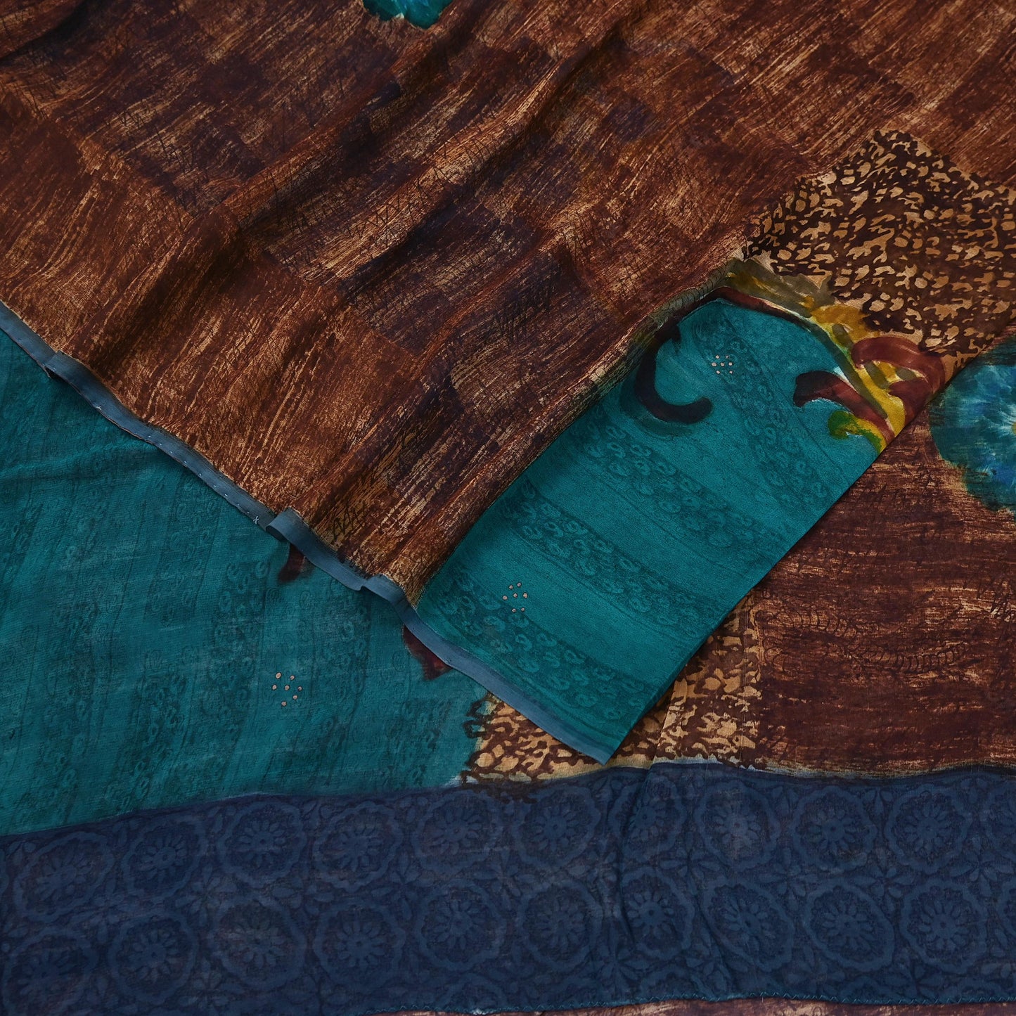 Indian Vintage Sari Brown & Green Pure Georgette Silk Printed Sarees Craft Fabric Sewing 6Yd Soft Dress Making Crafting Quilting Upcycle