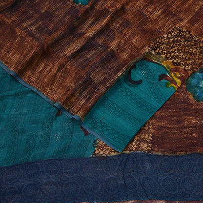 Indian Vintage Sari Brown & Green Pure Georgette Silk Printed Sarees Craft Fabric Sewing 6Yd Soft Dress Making Crafting Quilting Upcycle