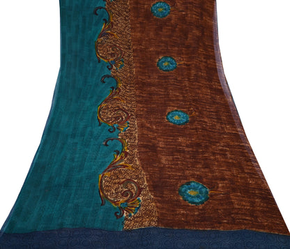 Indian Vintage Sari Brown & Green Pure Georgette Silk Printed Sarees Craft Fabric Sewing 6Yd Soft Dress Making Crafting Quilting Upcycle