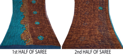 Indian Vintage Sari Brown & Green Pure Georgette Silk Printed Sarees Craft Fabric Sewing 6Yd Soft Dress Making Crafting Quilting Upcycle