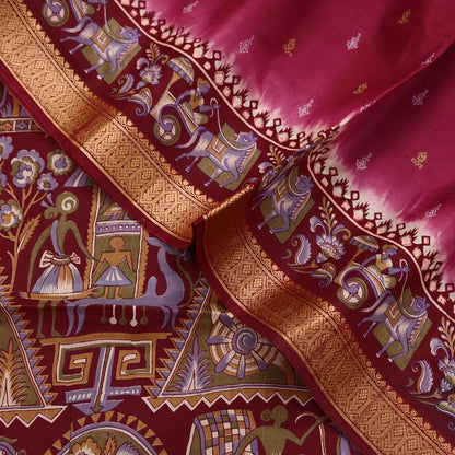 Indian Vintage Sari Maroon & Pink Pure Silk Printed Saree Fabric 5yard Sewing Craft DressMaking Upcycle Crafting Quilting