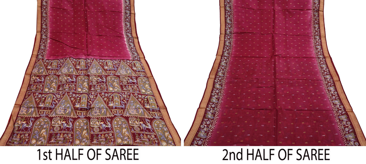 Indian Vintage Sari Maroon & Pink Pure Silk Printed Saree Fabric 5yard Sewing Craft DressMaking Upcycle Crafting Quilting