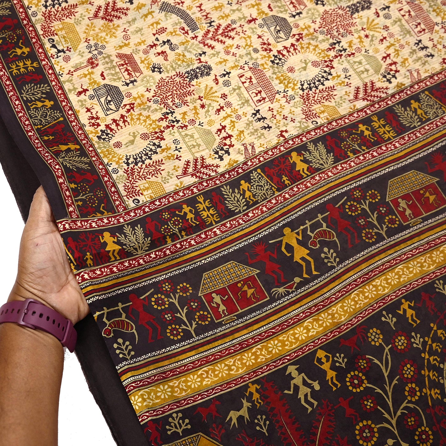 Indian Vintage Sari Beige & Black Pure Silk Warli Printed Saree Craft Fabric 5Yd Dress making Sewing Dress making For Crafting Quilting