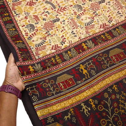 Indian Vintage Sari Beige & Black Pure Silk Warli Printed Saree Craft Fabric 5Yd Dress making Sewing Dress making For Crafting Quilting