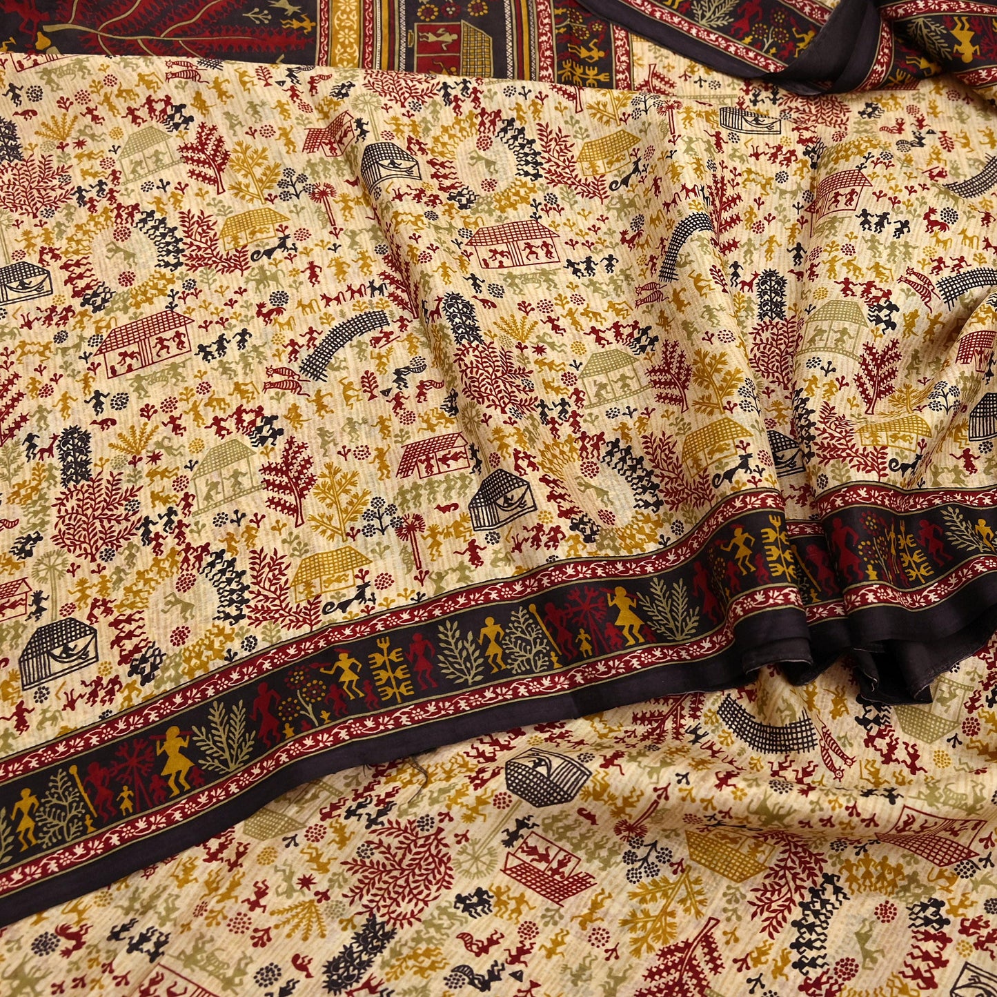 Indian Vintage Sari Beige & Black Pure Silk Warli Printed Saree Craft Fabric 5Yd Dress making Sewing Dress making For Crafting Quilting