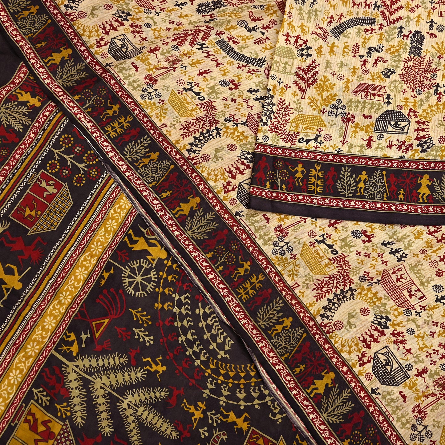 Indian Vintage Sari Beige & Black Pure Silk Warli Printed Saree Craft Fabric 5Yd Dress making Sewing Dress making For Crafting Quilting