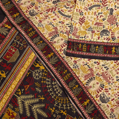 Indian Vintage Sari Beige & Black Pure Silk Warli Printed Saree Craft Fabric 5Yd Dress making Sewing Dress making For Crafting Quilting