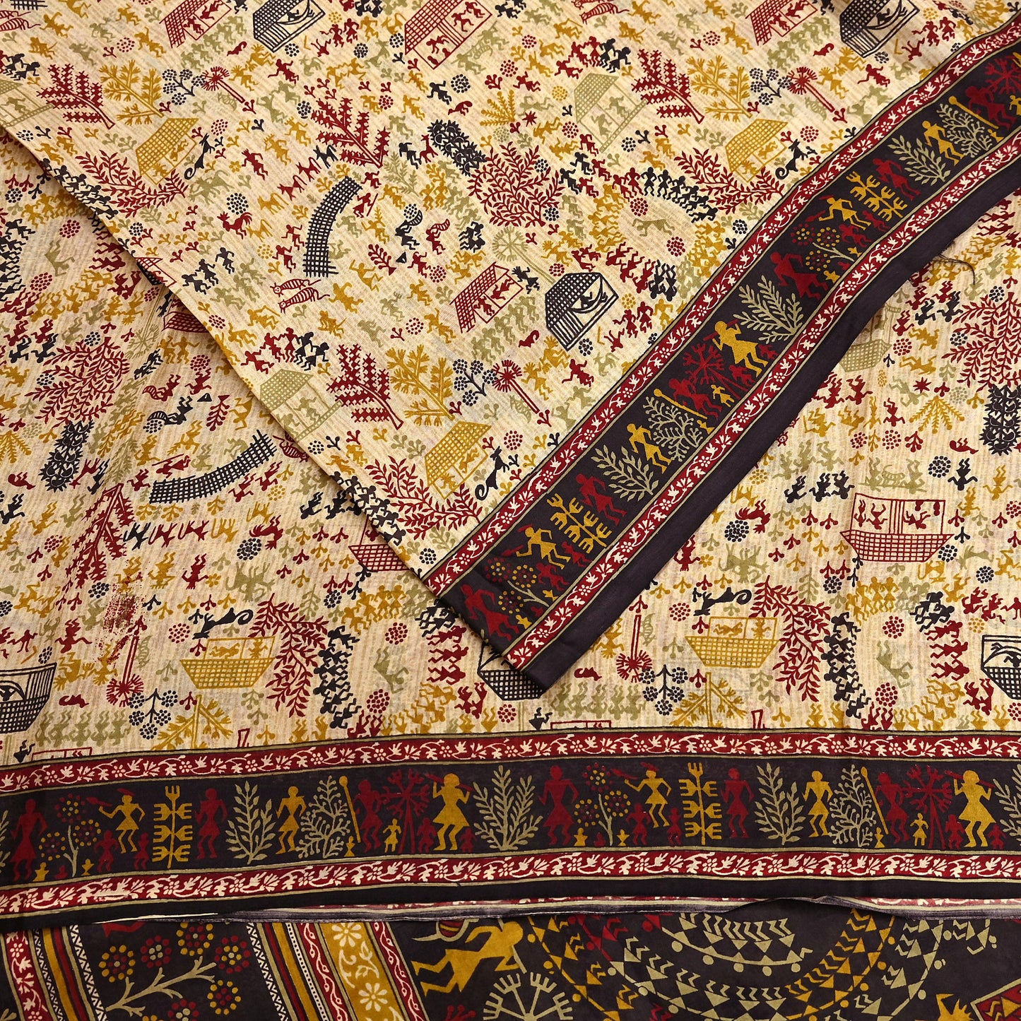 Indian Vintage Sari Beige & Black Pure Silk Warli Printed Saree Craft Fabric 5Yd Dress making Sewing Dress making For Crafting Quilting