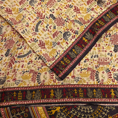 Indian Vintage Sari Beige & Black Pure Silk Warli Printed Saree Craft Fabric 5Yd Dress making Sewing Dress making For Crafting Quilting