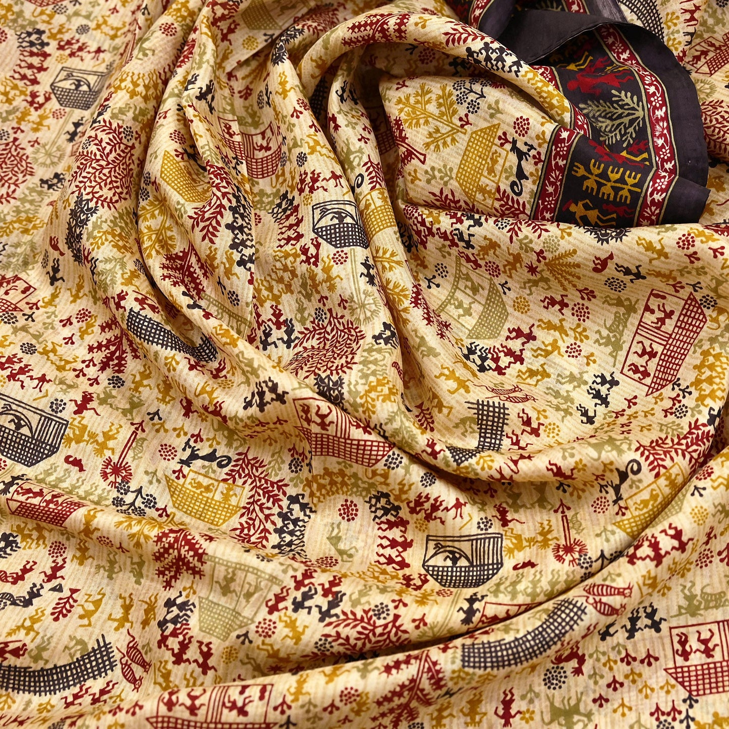 Indian Vintage Sari Beige & Black Pure Silk Warli Printed Saree Craft Fabric 5Yd Dress making Sewing Dress making For Crafting Quilting