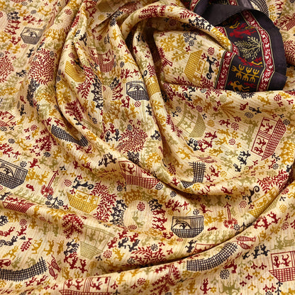 Indian Vintage Sari Beige & Black Pure Silk Warli Printed Saree Craft Fabric 5Yd Dress making Sewing Dress making For Crafting Quilting