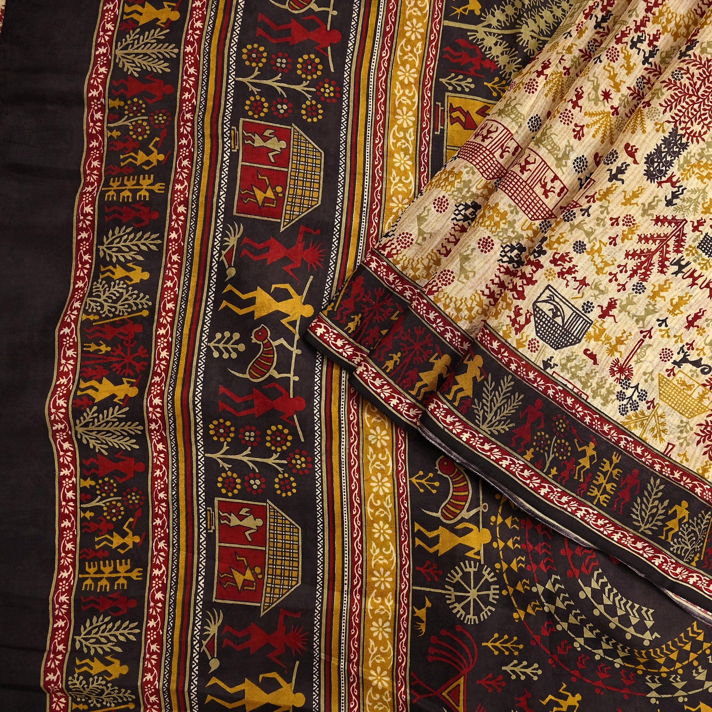 Indian Vintage Sari Beige & Black Pure Silk Warli Printed Saree Craft Fabric 5Yd Dress making Sewing Dress making For Crafting Quilting