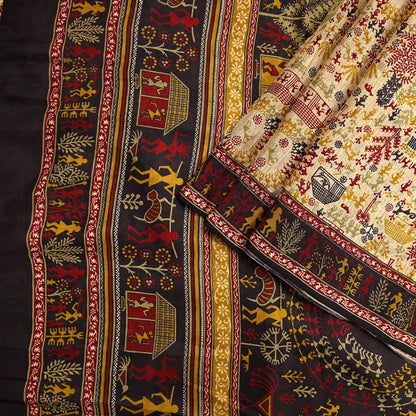 Indian Vintage Sari Beige & Black Pure Silk Warli Printed Saree Craft Fabric 5Yd Dress making Sewing Dress making For Crafting Quilting
