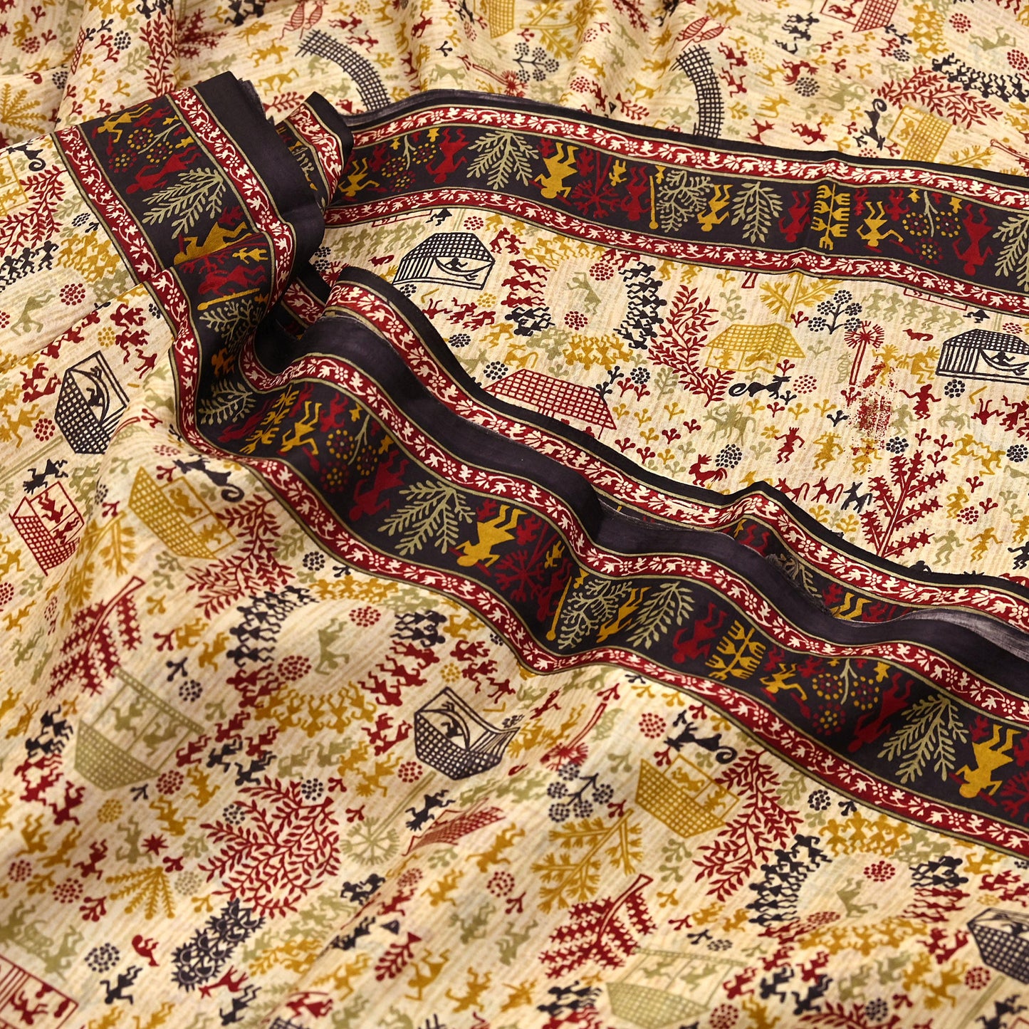 Indian Vintage Sari Beige & Black Pure Silk Warli Printed Saree Craft Fabric 5Yd Dress making Sewing Dress making For Crafting Quilting