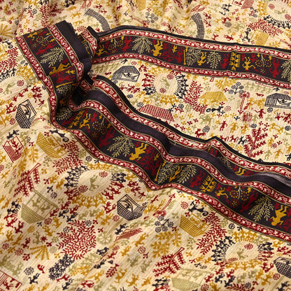 Indian Vintage Sari Beige & Black Pure Silk Warli Printed Saree Craft Fabric 5Yd Dress making Sewing Dress making For Crafting Quilting