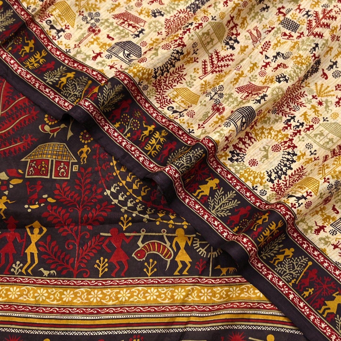 Indian Vintage Sari Beige & Black Pure Silk Warli Printed Saree Craft Fabric 5Yd Dress making Sewing Dress making For Crafting Quilting