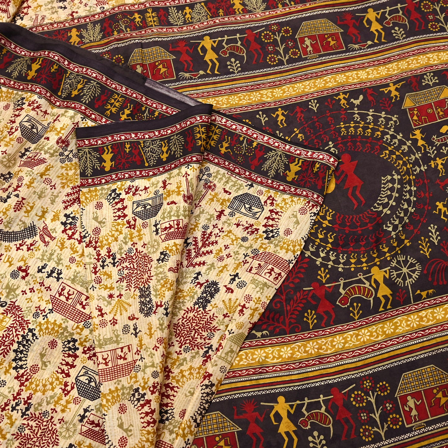 Indian Vintage Sari Beige & Black Pure Silk Warli Printed Saree Craft Fabric 5Yd Dress making Sewing Dress making For Crafting Quilting