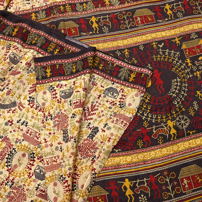 Indian Vintage Sari Beige & Black Pure Silk Warli Printed Saree Craft Fabric 5Yd Dress making Sewing Dress making For Crafting Quilting