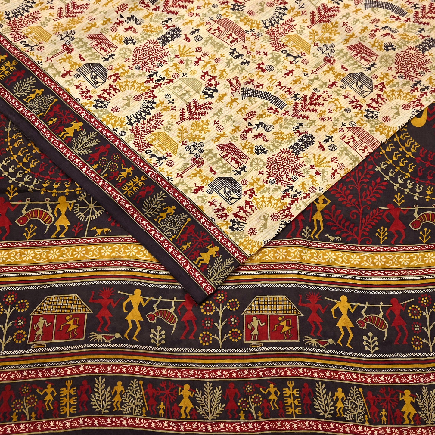 Indian Vintage Sari Beige & Black Pure Silk Warli Printed Saree Craft Fabric 5Yd Dress making Sewing Dress making For Crafting Quilting