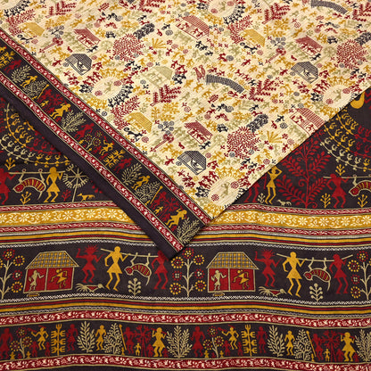 Indian Vintage Sari Beige & Black Pure Silk Warli Printed Saree Craft Fabric 5Yd Dress making Sewing Dress making For Crafting Quilting