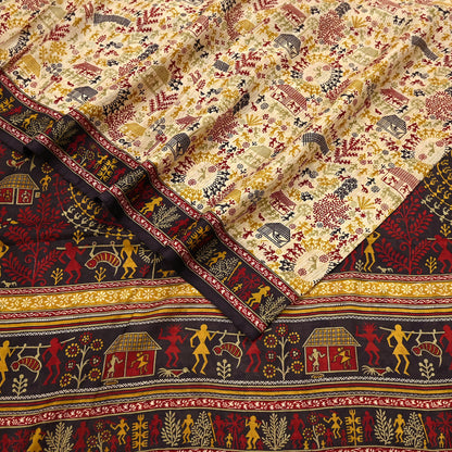 Indian Vintage Sari Beige & Black Pure Silk Warli Printed Saree Craft Fabric 5Yd Dress making Sewing Dress making For Crafting Quilting