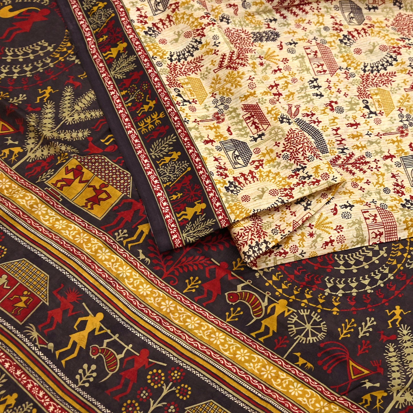 Indian Vintage Sari Beige & Black Pure Silk Warli Printed Saree Craft Fabric 5Yd Dress making Sewing Dress making For Crafting Quilting