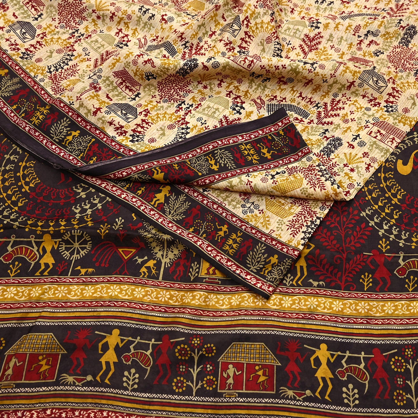 Indian Vintage Sari Beige & Black Pure Silk Warli Printed Saree Craft Fabric 5Yd Dress making Sewing Dress making For Crafting Quilting