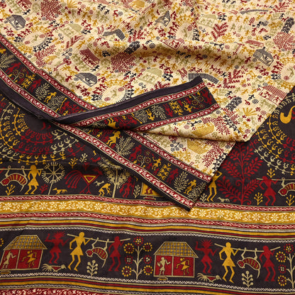 Indian Vintage Sari Beige & Black Pure Silk Warli Printed Saree Craft Fabric 5Yd Dress making Sewing Dress making For Crafting Quilting