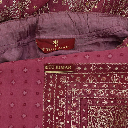 Indian Pre-owned Onion Pink Pure Georgette Silk Hand Embroidered Ritu Kumar Designer Lehenga 3pcs Set Ethnic Bollywood Party Wear