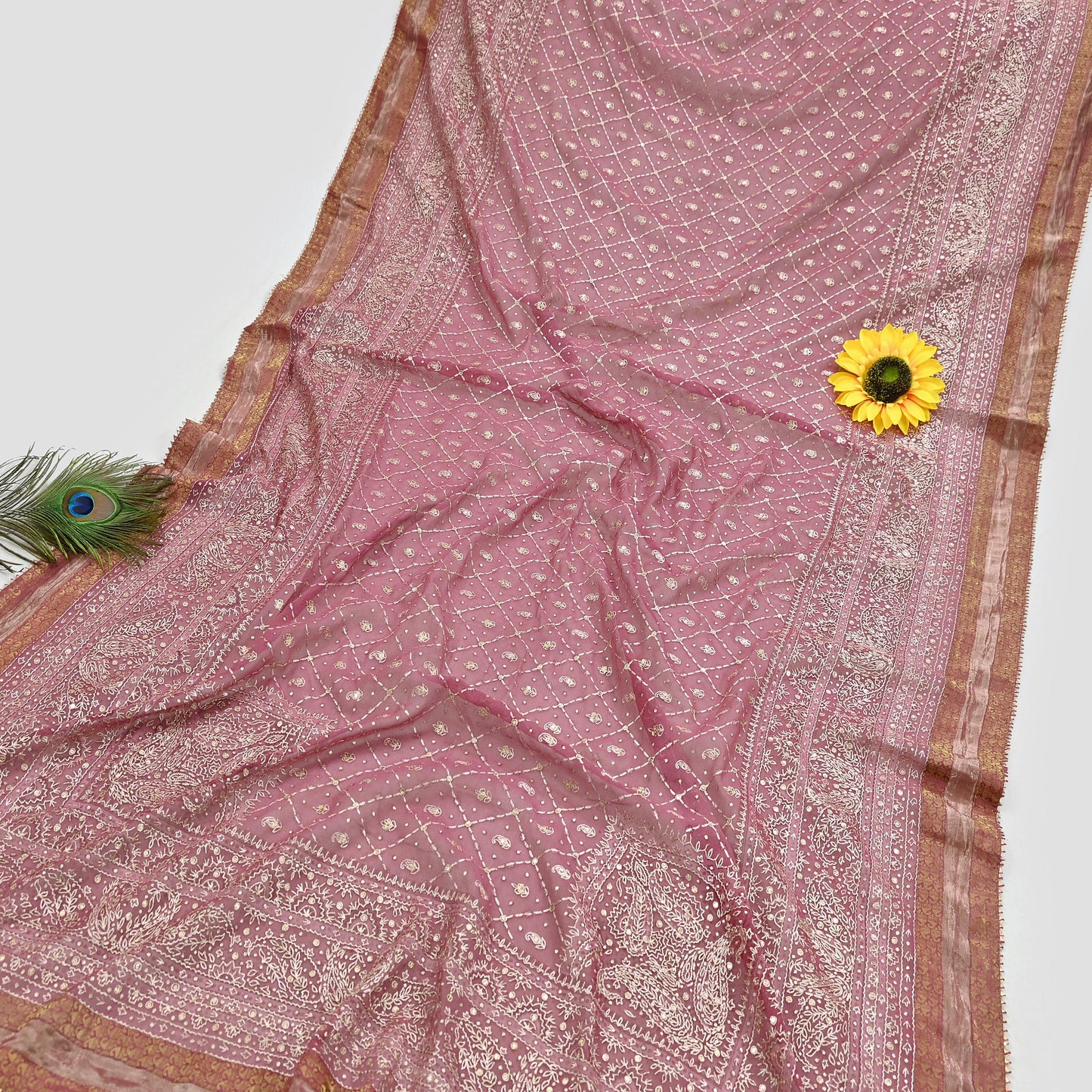 Indian Vintage Heavy Onion Pink Dupatta Pure Georgette Silk Long Stole Hand Embroidered Designer By Ritu Kumar Scarves Scarf Zari Zardozi