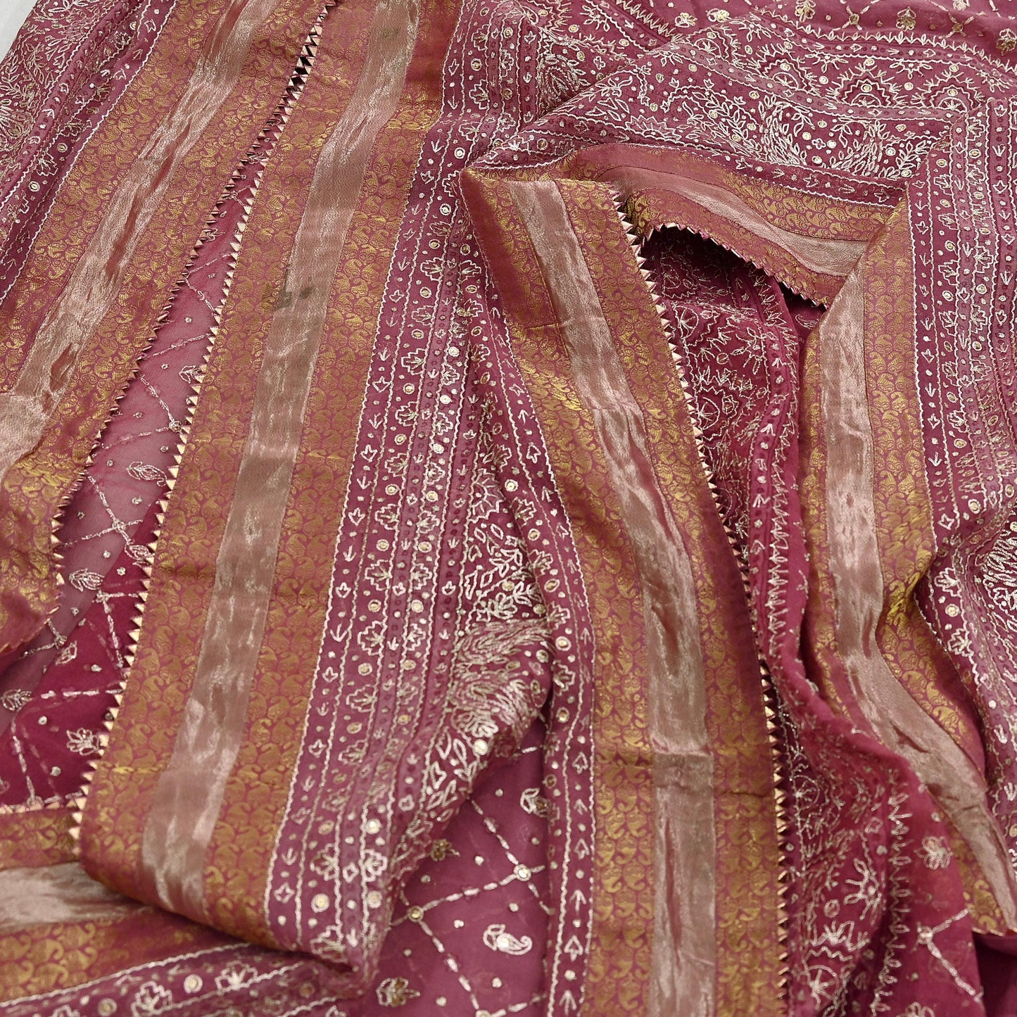 Indian Vintage Heavy Onion Pink Dupatta Pure Georgette Silk Long Stole Hand Embroidered Designer By Ritu Kumar Scarves Scarf Zari Zardozi