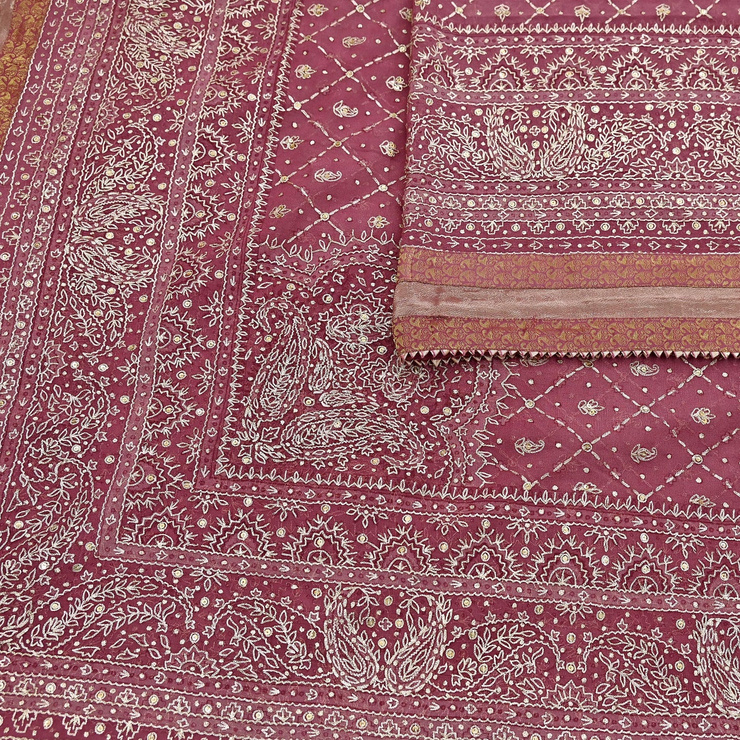 Indian Vintage Heavy Onion Pink Dupatta Pure Georgette Silk Long Stole Hand Embroidered Designer By Ritu Kumar Scarves Scarf Zari Zardozi