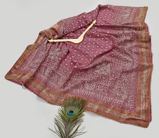 Indian Vintage Heavy Onion Pink Dupatta Pure Georgette Silk Long Stole Hand Embroidered Designer By Ritu Kumar Scarves Scarf Zari Zardozi