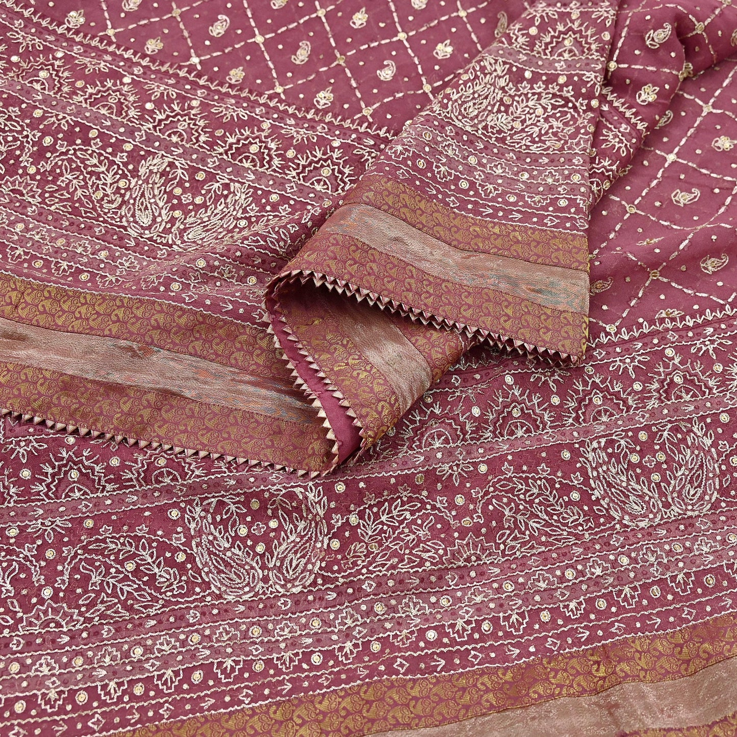 Indian Vintage Heavy Onion Pink Dupatta Pure Georgette Silk Long Stole Hand Embroidered Designer By Ritu Kumar Scarves Scarf Zari Zardozi