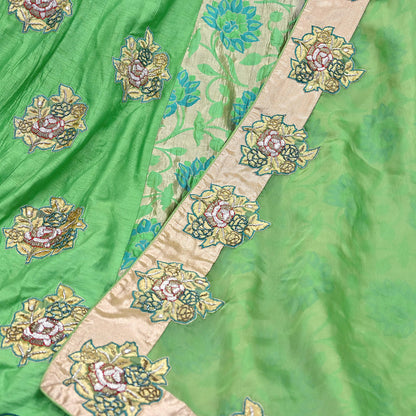 Indian Pre-owned Heavy Green Pure Chanderi Silk Hand Embroidered Lehenga Set Of 2pcs Designer By Manish Malhotra Party Wear