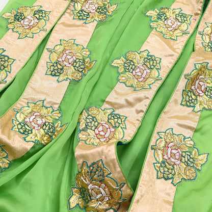 Indian Pre-owned Heavy Green Pure Chanderi Silk Hand Embroidered Lehenga Set Of 2pcs Designer By Manish Malhotra Party Wear