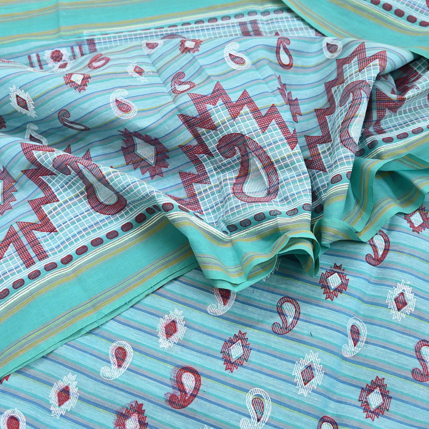 Indian Vintage Sari Green Hand Painted Pure Cotton Sarees Craft Fabric 5Yard Sewing Sarong Wrap Boho Dress making Crafting Upcycle Geometric