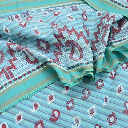 Indian Vintage Sari Green Hand Painted Pure Cotton Sarees Craft Fabric 5Yard Sewing Sarong Wrap Boho Dress making Crafting Upcycle Geometric