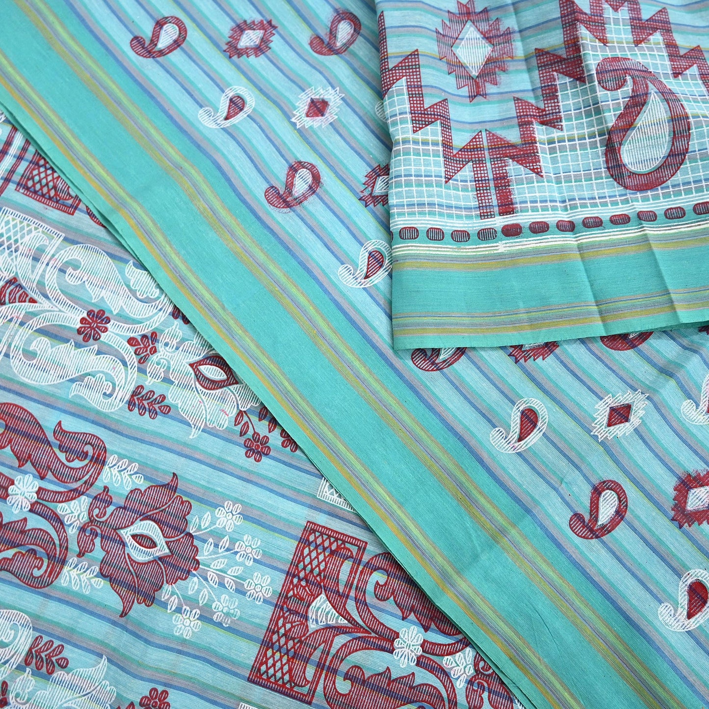 Indian Vintage Sari Green Hand Painted Pure Cotton Sarees Craft Fabric 5Yard Sewing Sarong Wrap Boho Dress making Crafting Upcycle Geometric