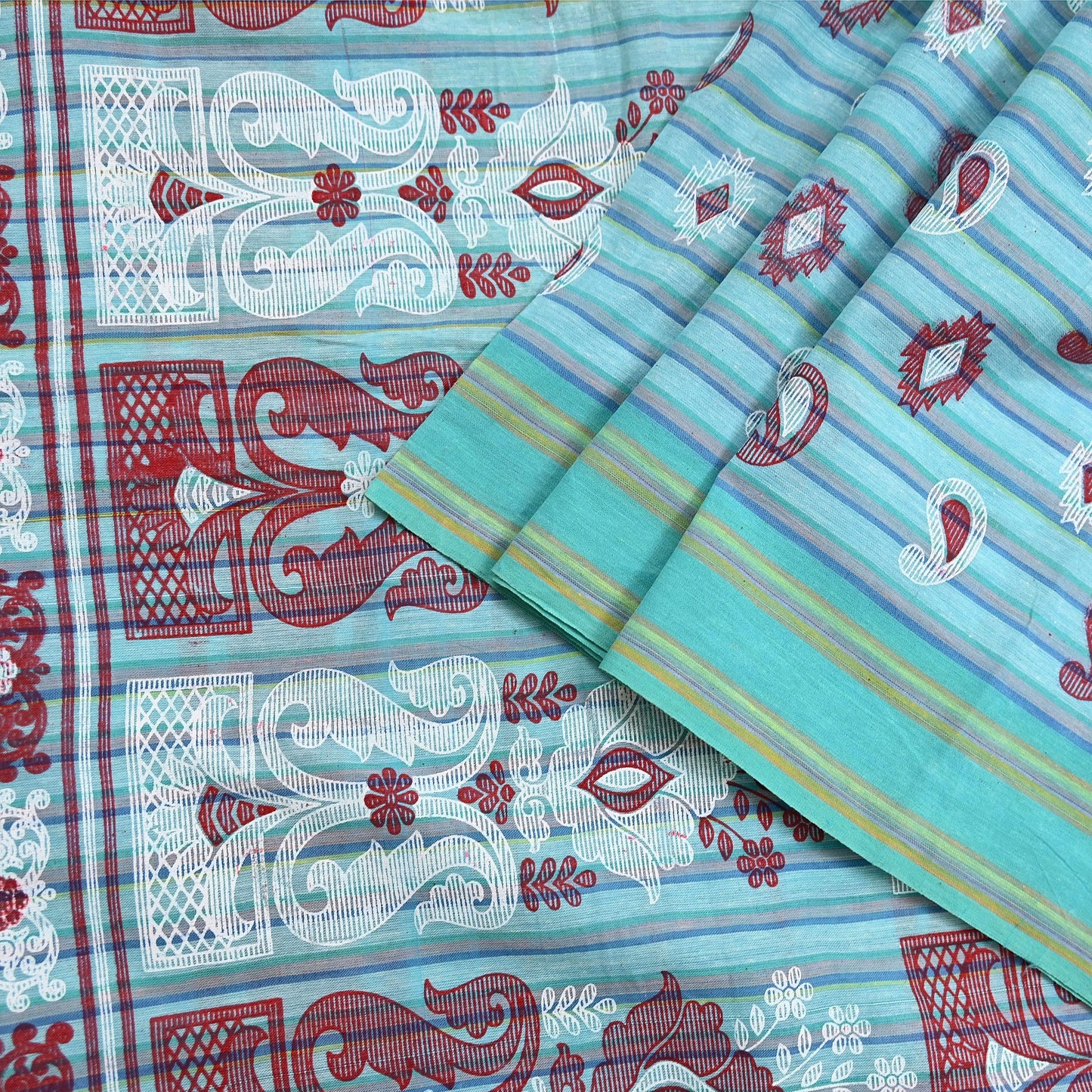 Indian Vintage Sari Green Hand Painted Pure Cotton Sarees Craft Fabric 5Yard Sewing Sarong Wrap Boho Dress making Crafting Upcycle Geometric