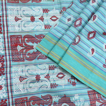 Indian Vintage Sari Green Hand Painted Pure Cotton Sarees Craft Fabric 5Yard Sewing Sarong Wrap Boho Dress making Crafting Upcycle Geometric