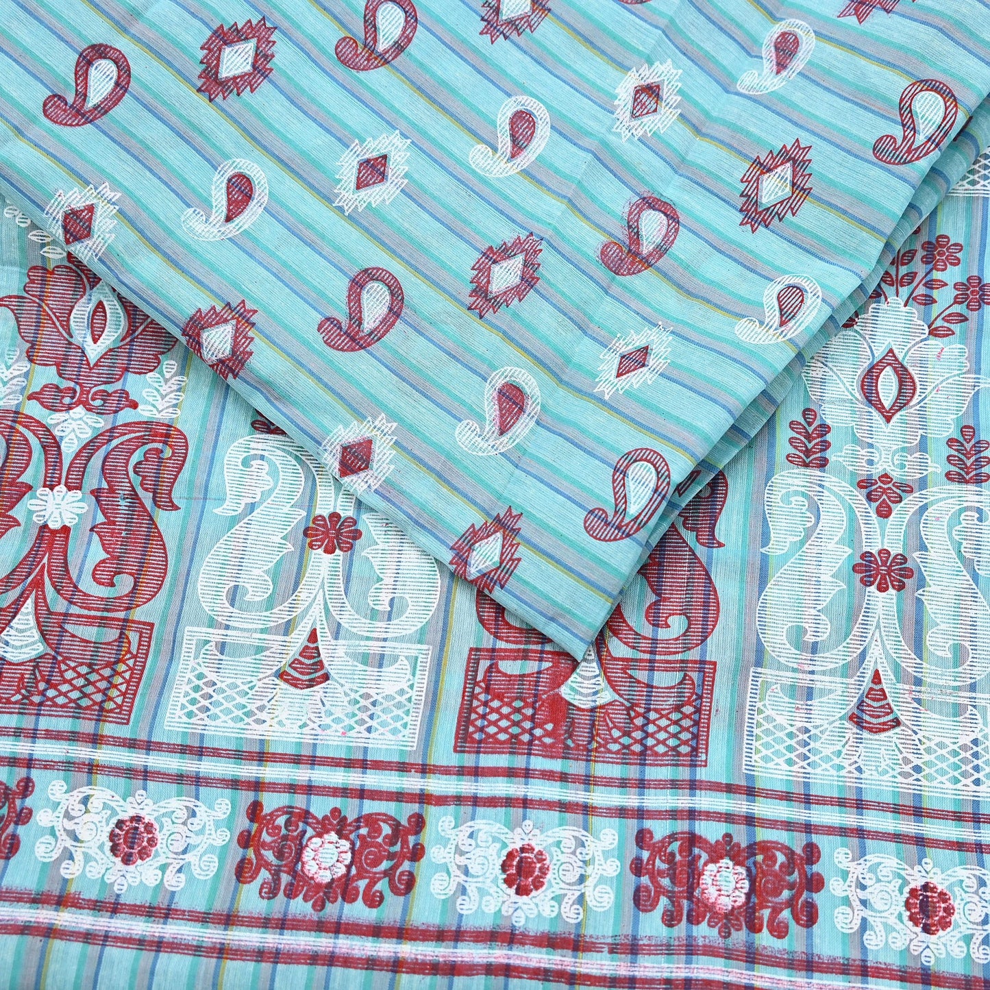 Indian Vintage Sari Green Hand Painted Pure Cotton Sarees Craft Fabric 5Yard Sewing Sarong Wrap Boho Dress making Crafting Upcycle Geometric