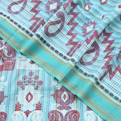 Indian Vintage Sari Green Hand Painted Pure Cotton Sarees Craft Fabric 5Yard Sewing Sarong Wrap Boho Dress making Crafting Upcycle Geometric